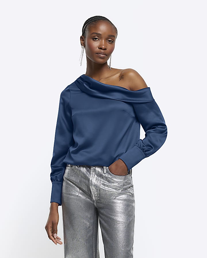 Blue satin off shoulder top River Island