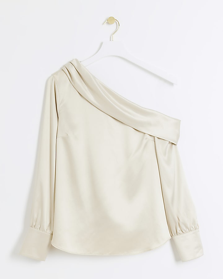 Beige satin off shoulder top