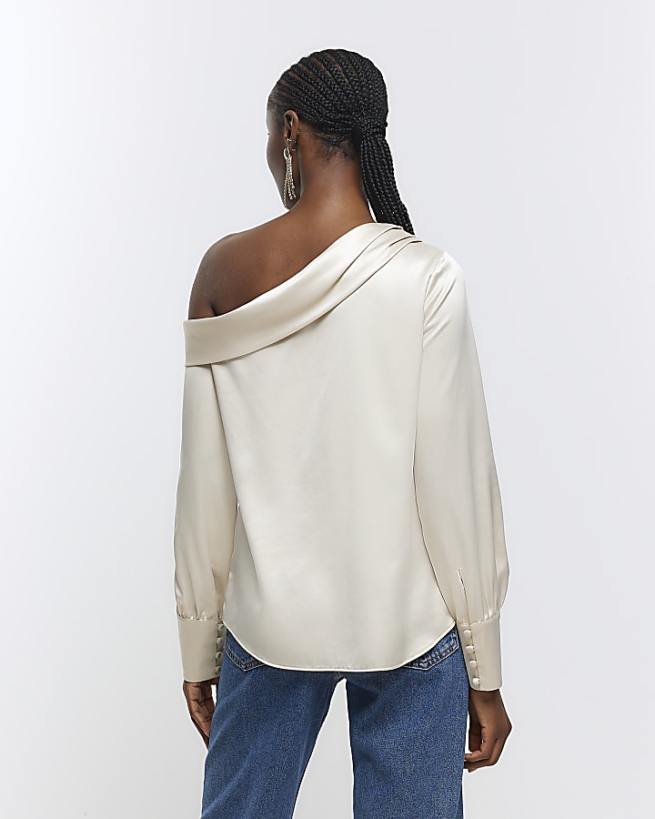 Beige satin off shoulder top