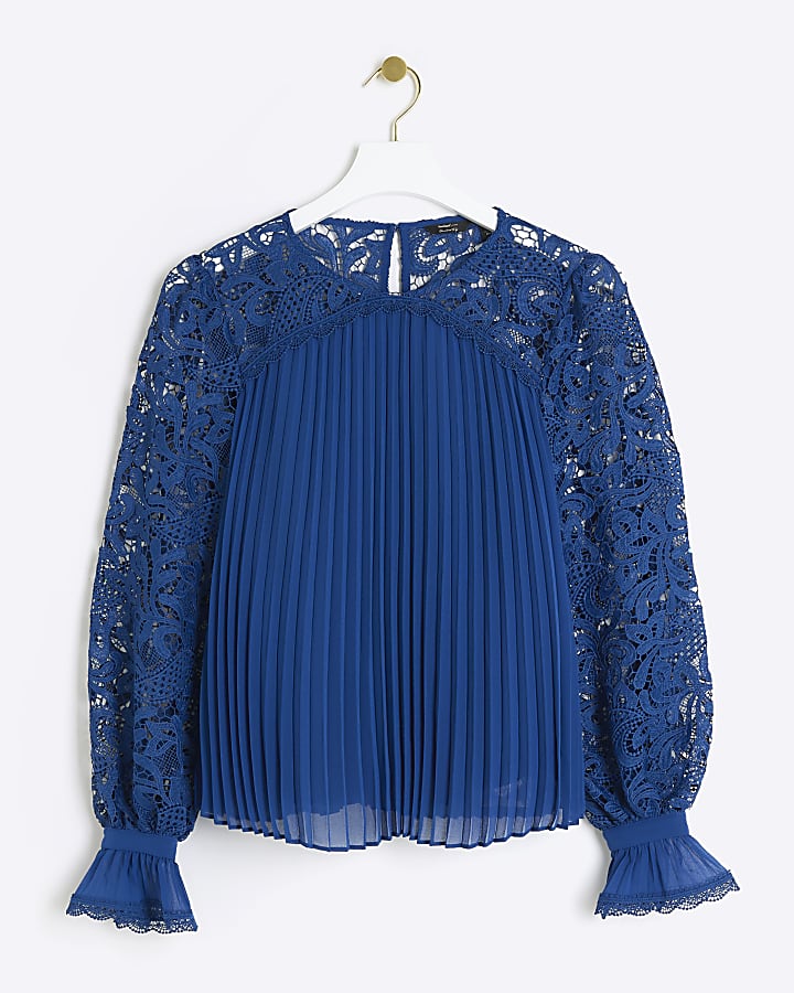 Navy plisse lace sleeve blouse