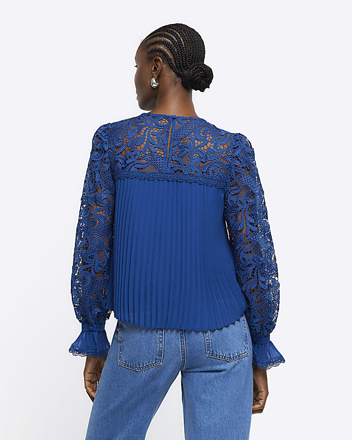 Navy plisse lace sleeve blouse