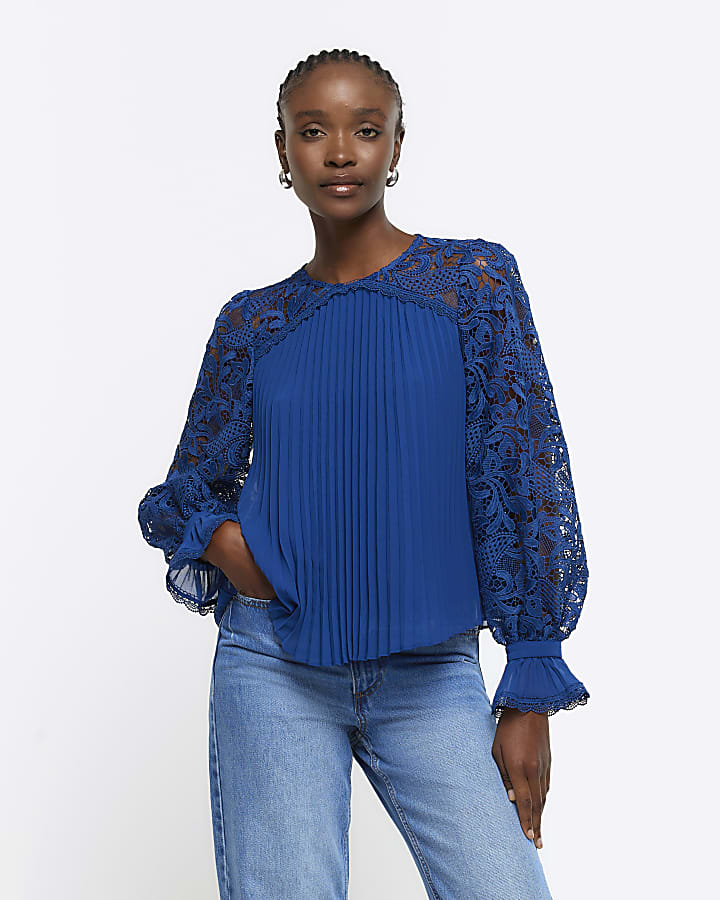 Navy plisse lace sleeve blouse