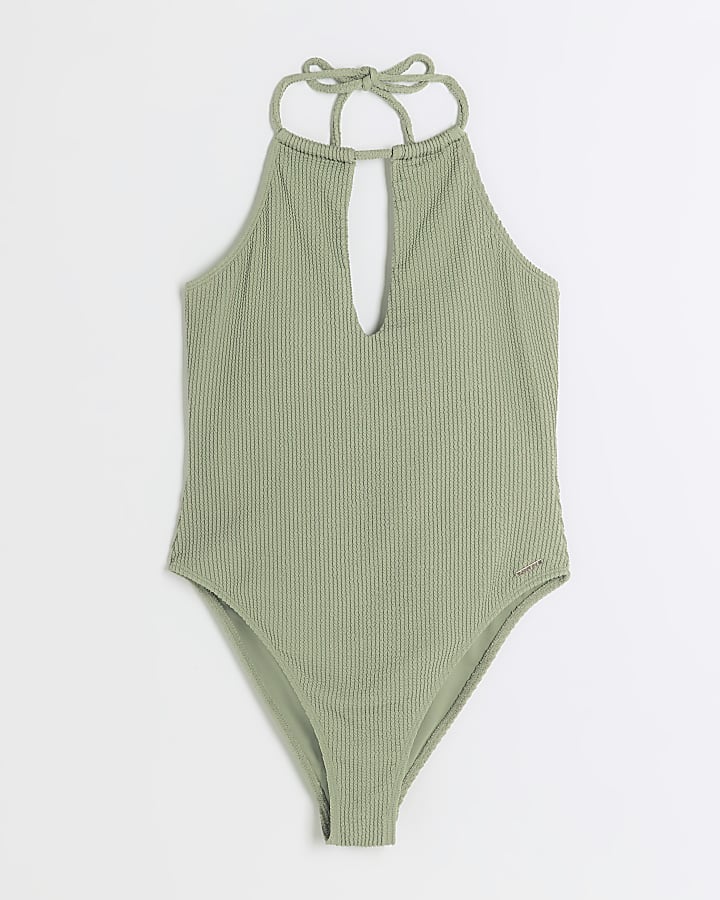 Khaki textured halter swimsuit