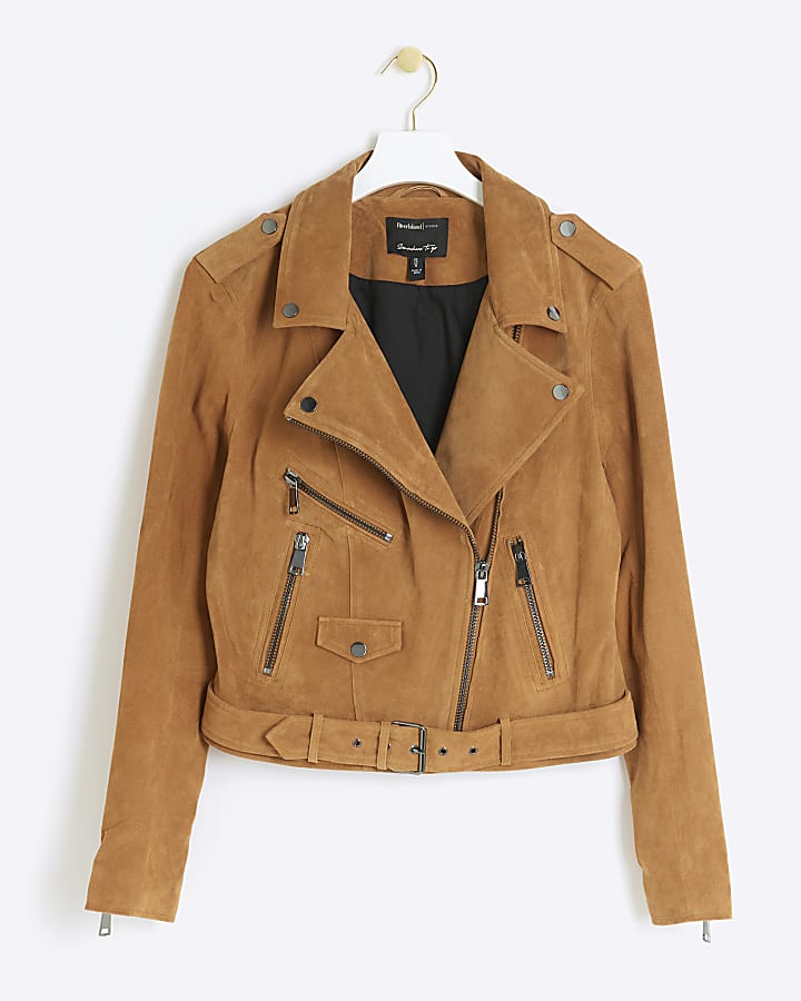 Brown suede belted biker jacket