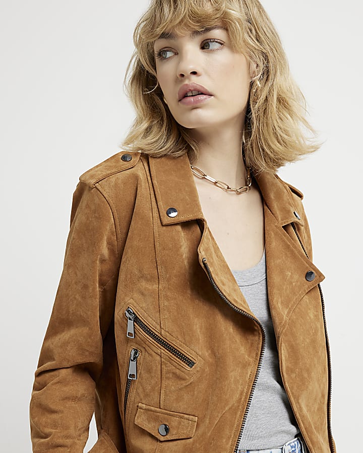 Brown suede belted biker jacket