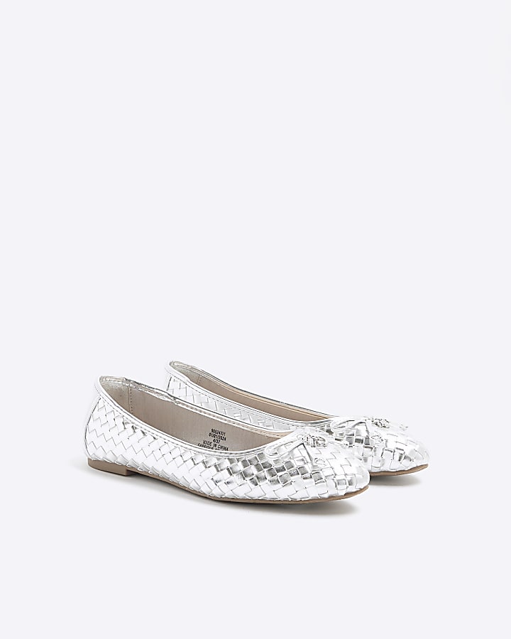 Silver weave bow ballet pumps