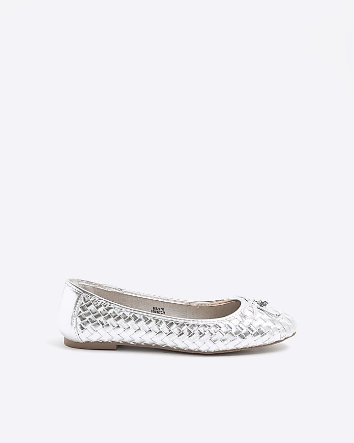 Silver weave bow ballet pumps River Island