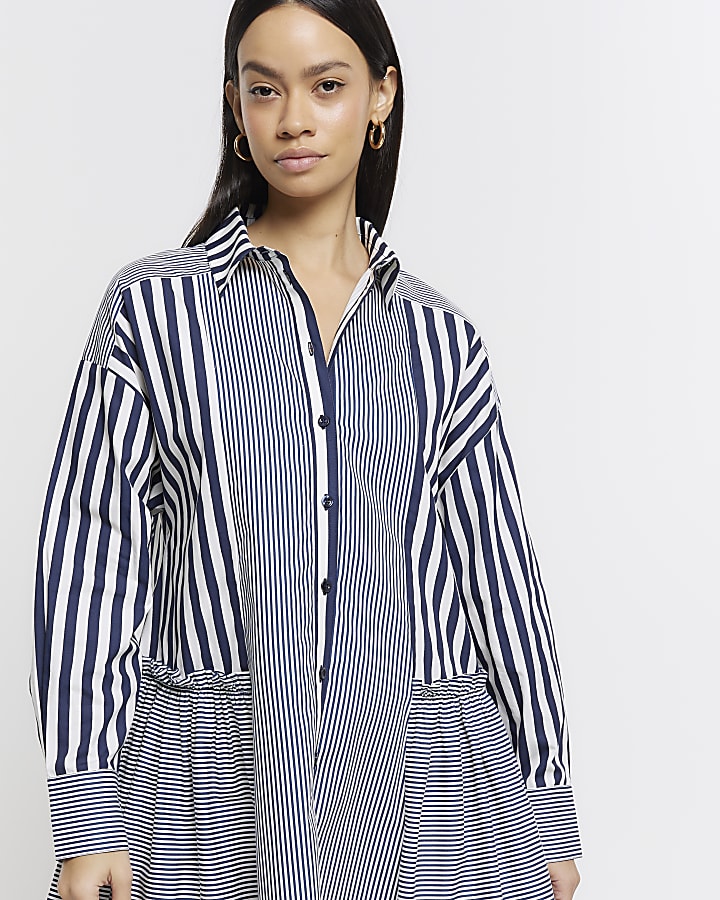 Blue stripe long sleeve mini shirt dress