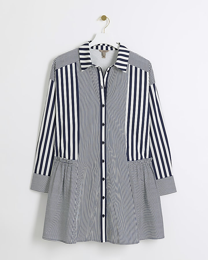 Blue stripe long sleeve mini shirt dress