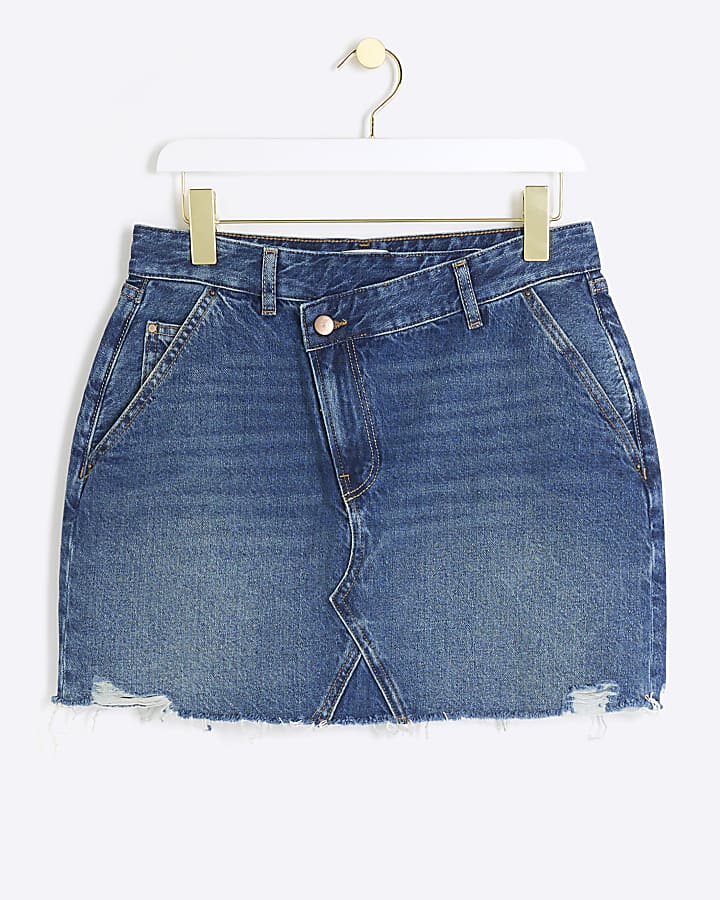 Petite blue asymmetric denim mini skirt