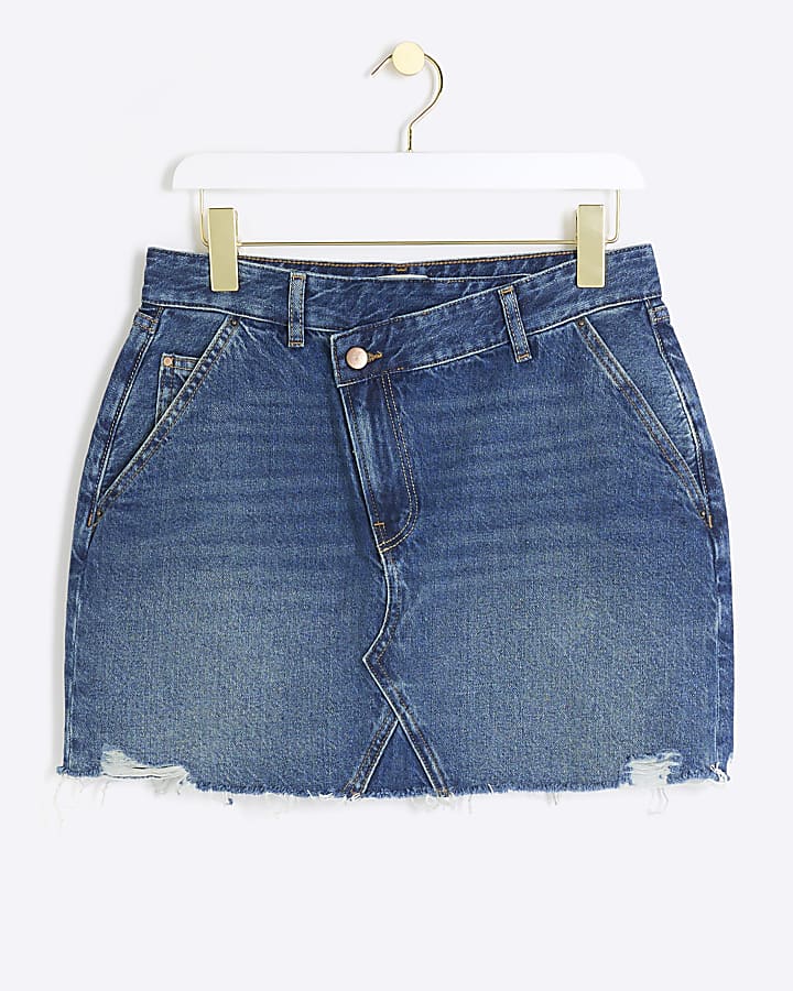 Petite blue asymmetric denim mini skirt