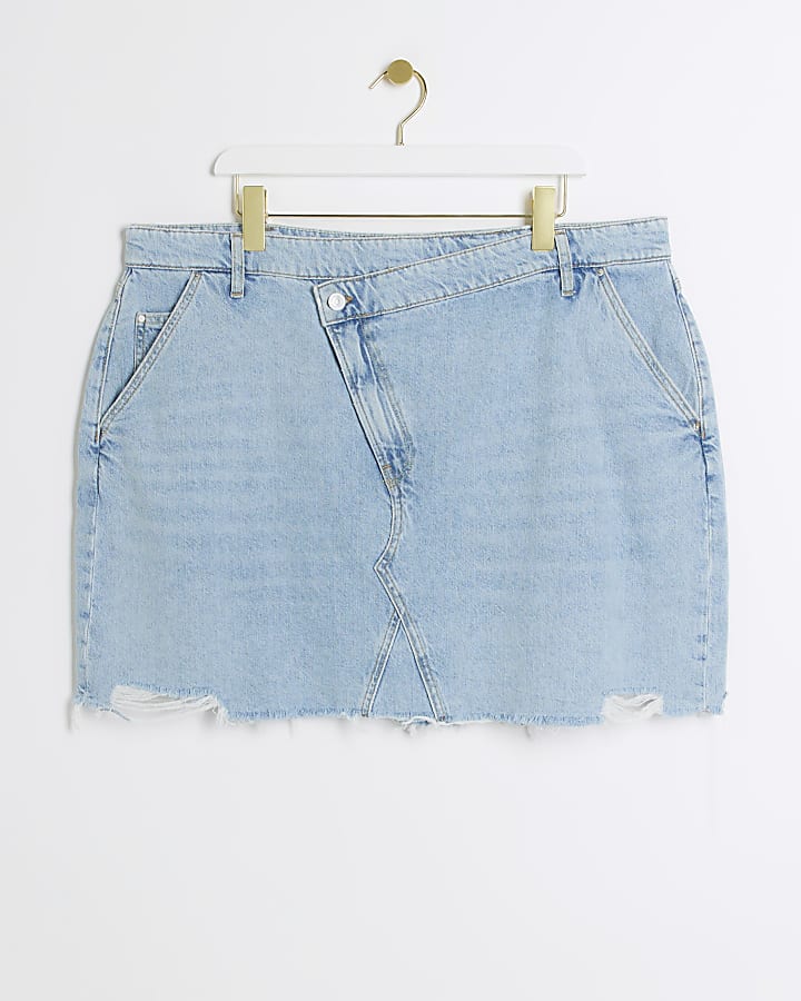 Plus blue asymmetric denim mini skirt