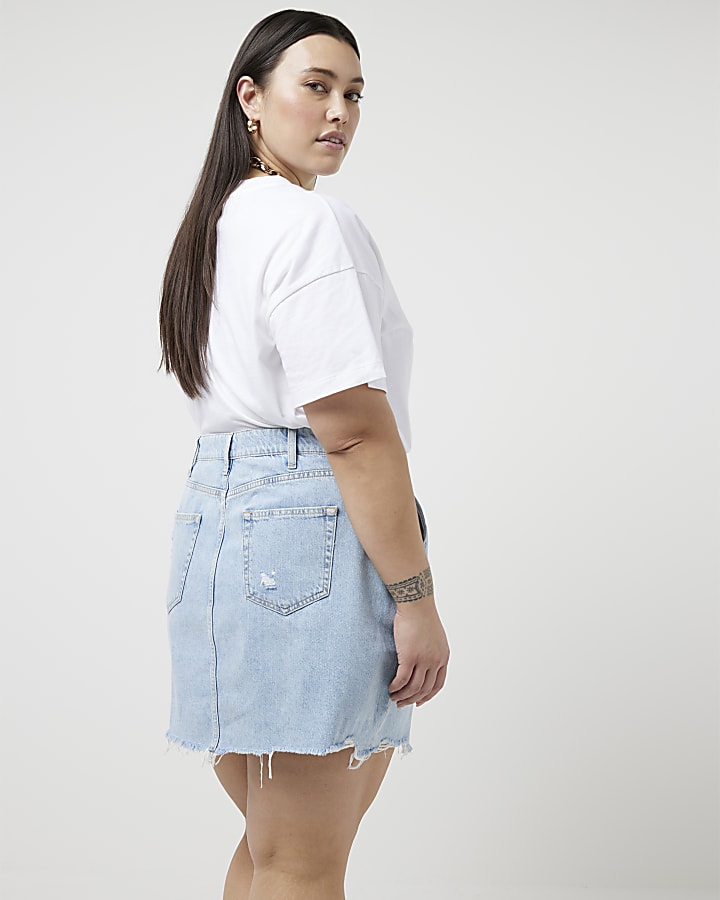 Plus blue asymmetric denim mini skirt