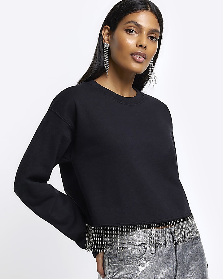 Black diamante trim crop sweatshirt