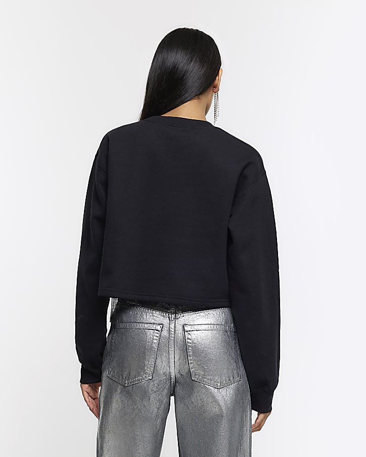 Black diamante trim crop sweatshirt