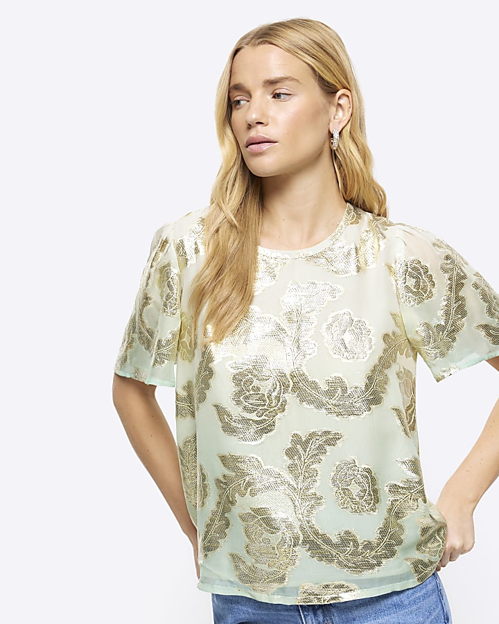 Green glitter floral t-shirt