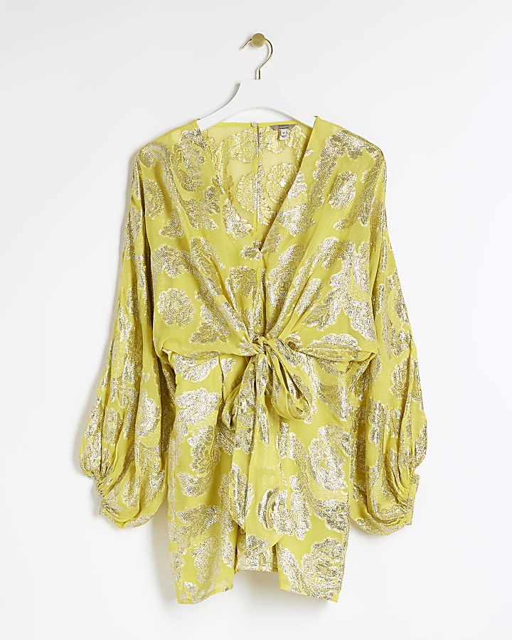 Yellow metallic detail tie waist playsuit