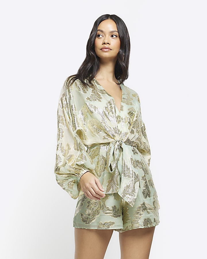 Green metallic detail tie waist playsuit