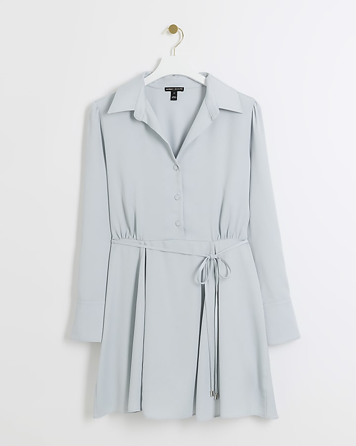 Silver satin tie waist mini shirt dress