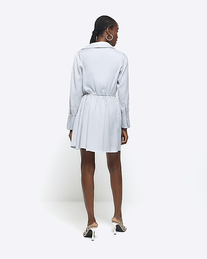 Silver satin tie waist mini shirt dress