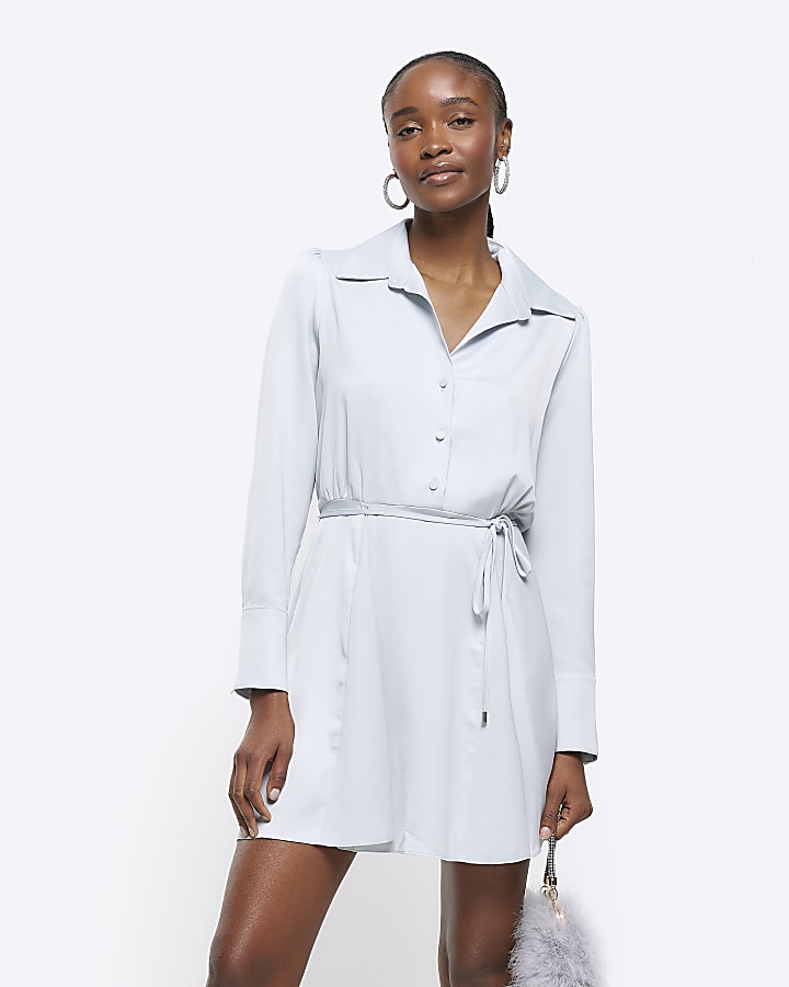 Silver satin tie waist mini shirt dress