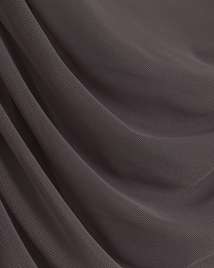 Grey mesh ruched long sleeve top