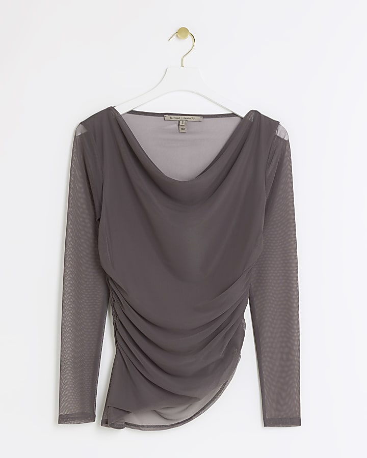 Grey mesh ruched long sleeve top
