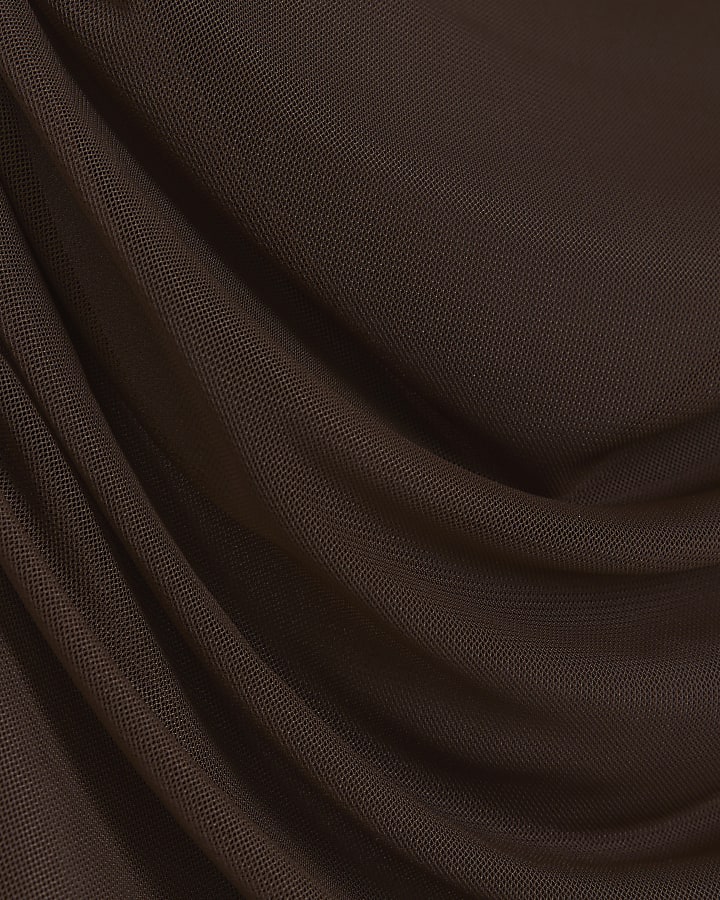Brown mesh ruched long sleeve top