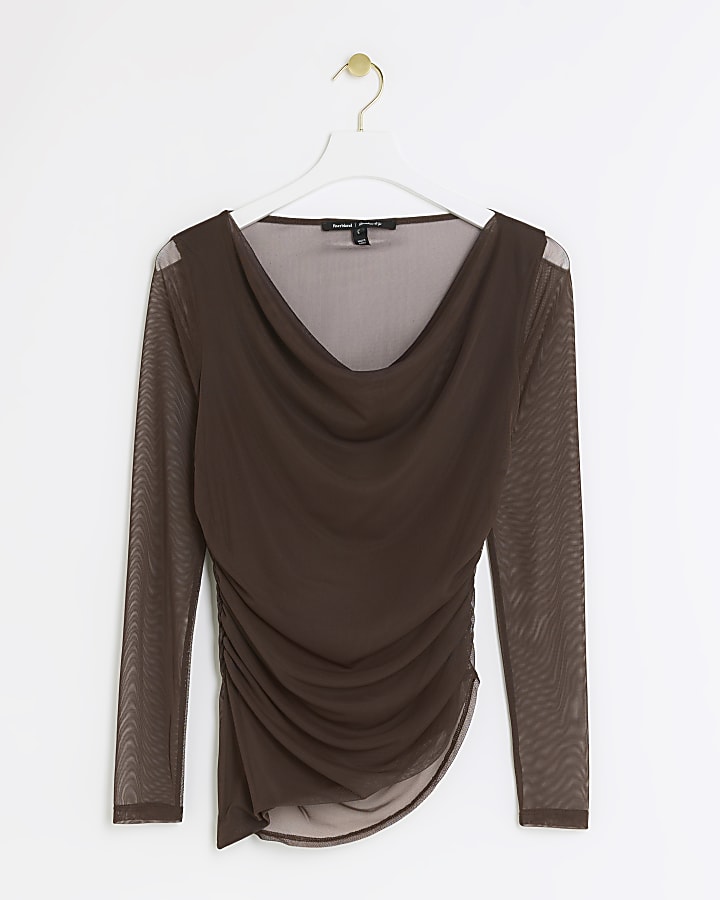 Brown mesh ruched long sleeve top