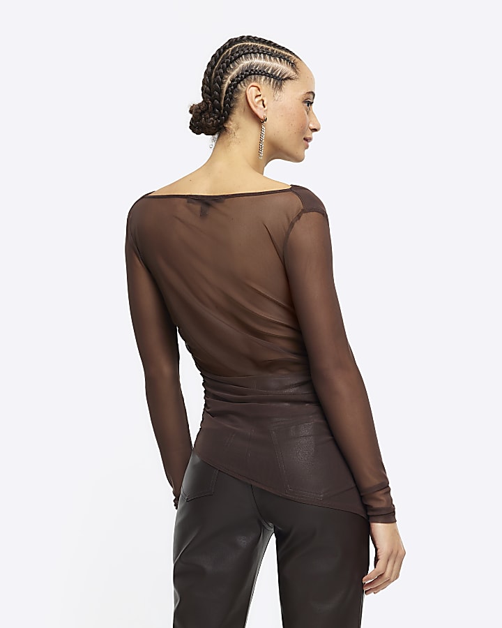 Brown mesh ruched long sleeve top