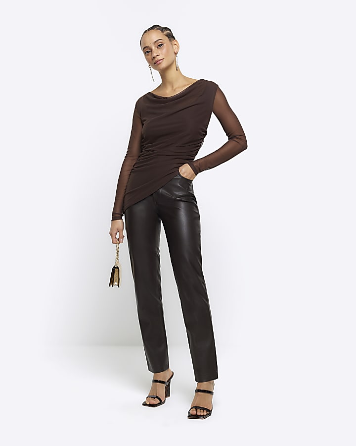 Brown mesh ruched long sleeve top