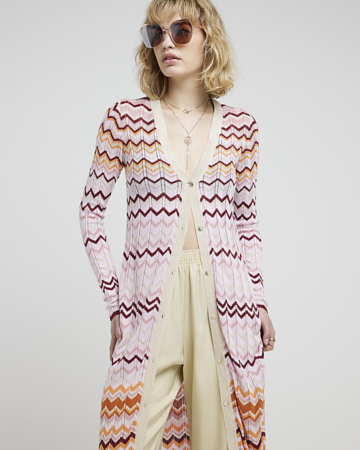 Pink knit stripe longline cardigan