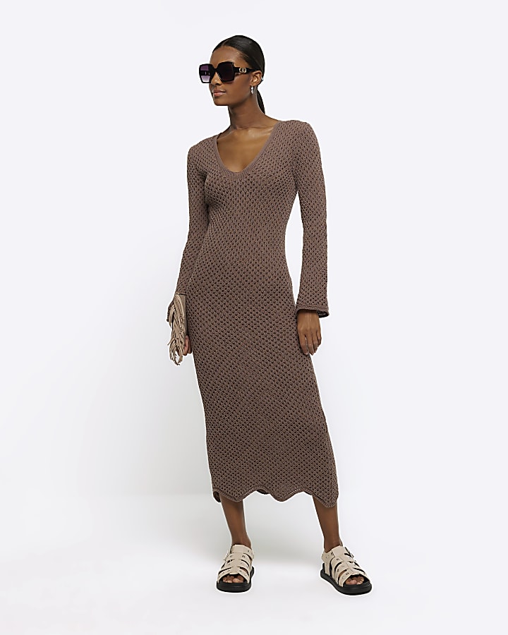 Brown knit bodycon maxi dress River Island