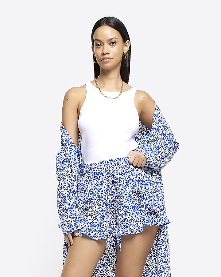 Blue floral belted shorts