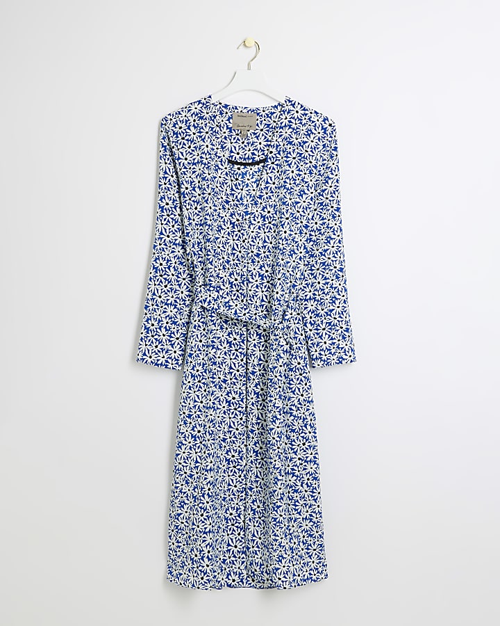 Blue floral tie waist longline duster jacket