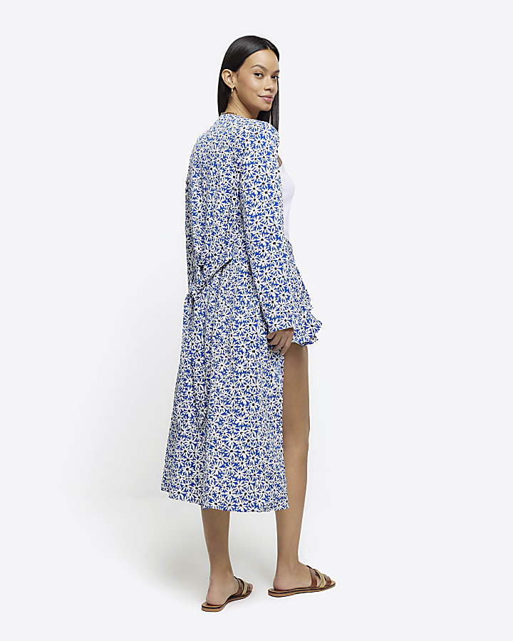 Blue floral tie waist longline duster jacket