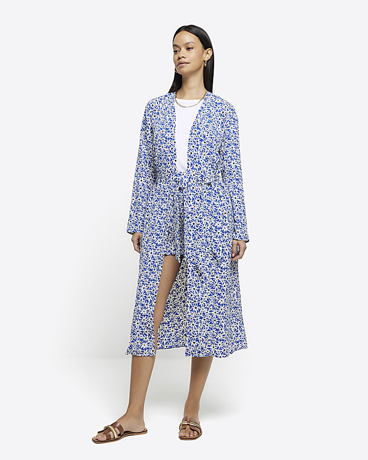 Blue floral tie waist longline duster jacket
