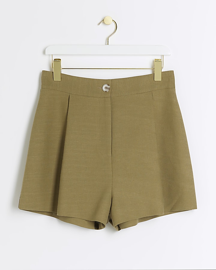 Khaki linen blend high waisted shorts