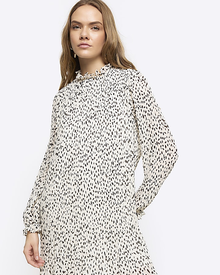 Cream plisse leopard print shift mini dress