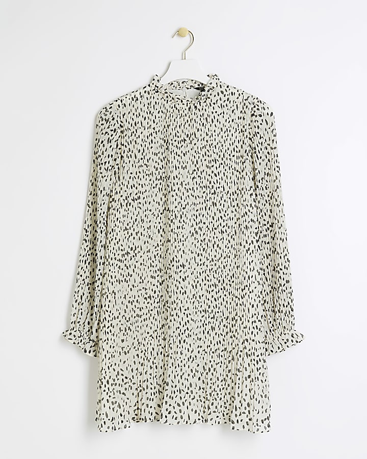 Cream plisse leopard print shift mini dress