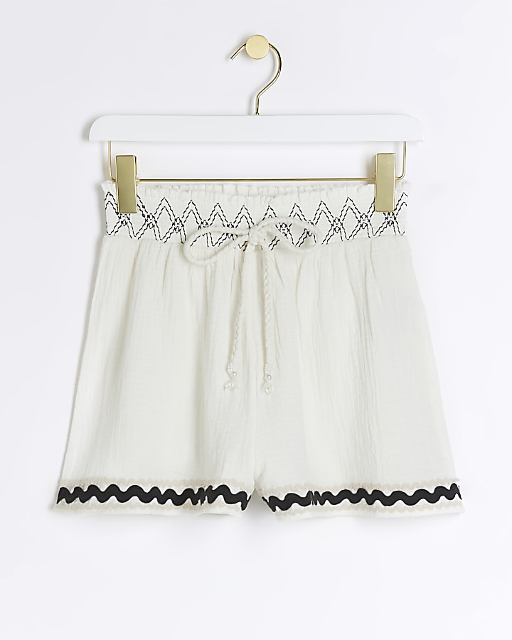 Cream Embroidered Beach Short