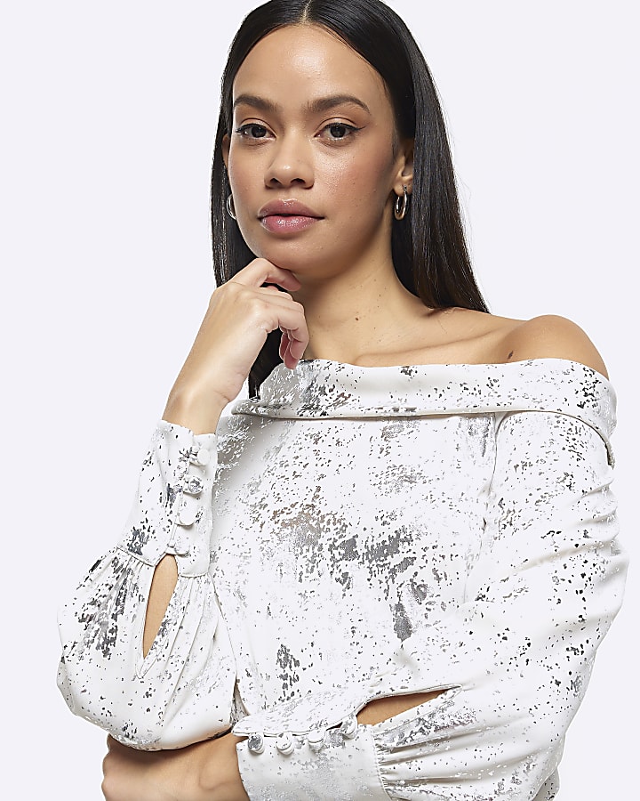 Silver foil off shoulder blouse