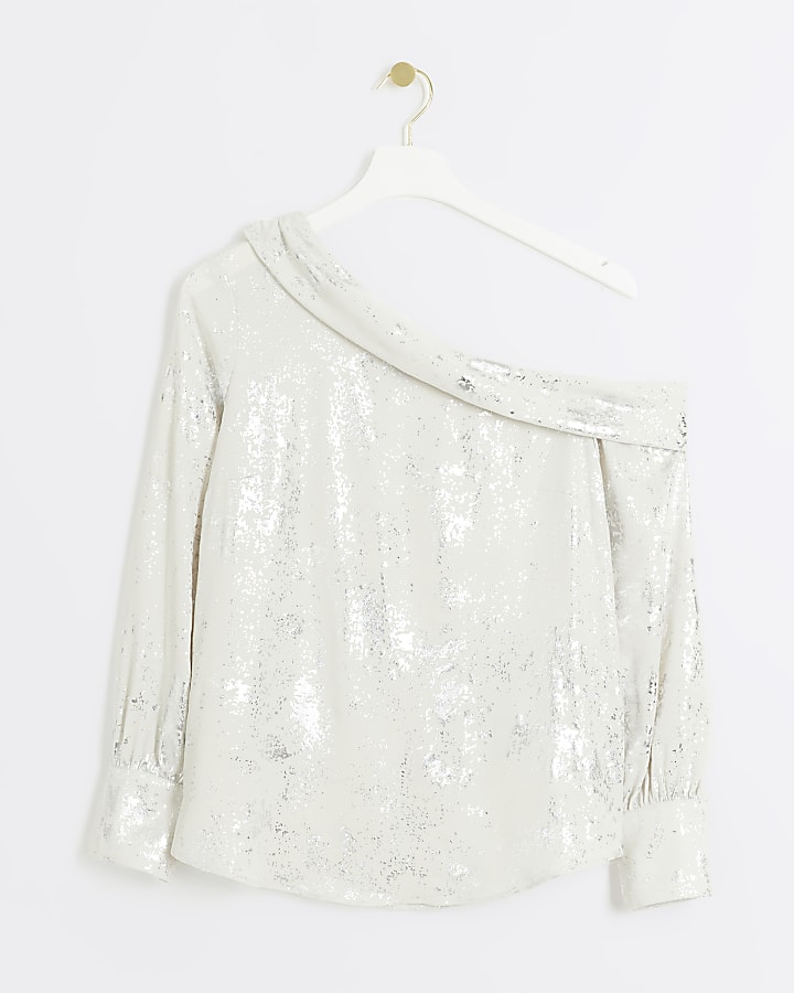 Silver foil off shoulder blouse