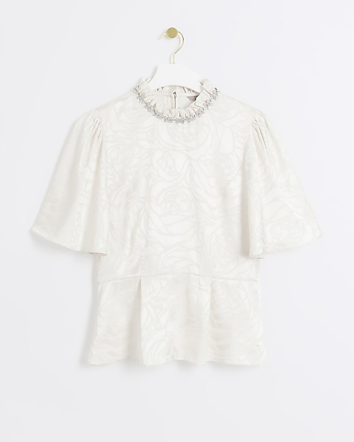 Beige jacquard diamante trim blouse