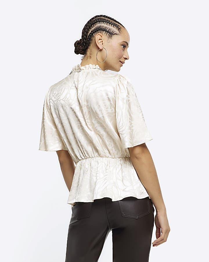 Beige jacquard diamante trim blouse