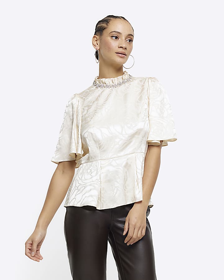 Beige jacquard diamante trim blouse