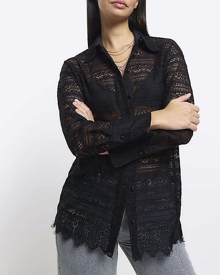 Black lace oversized long sleeve shirt