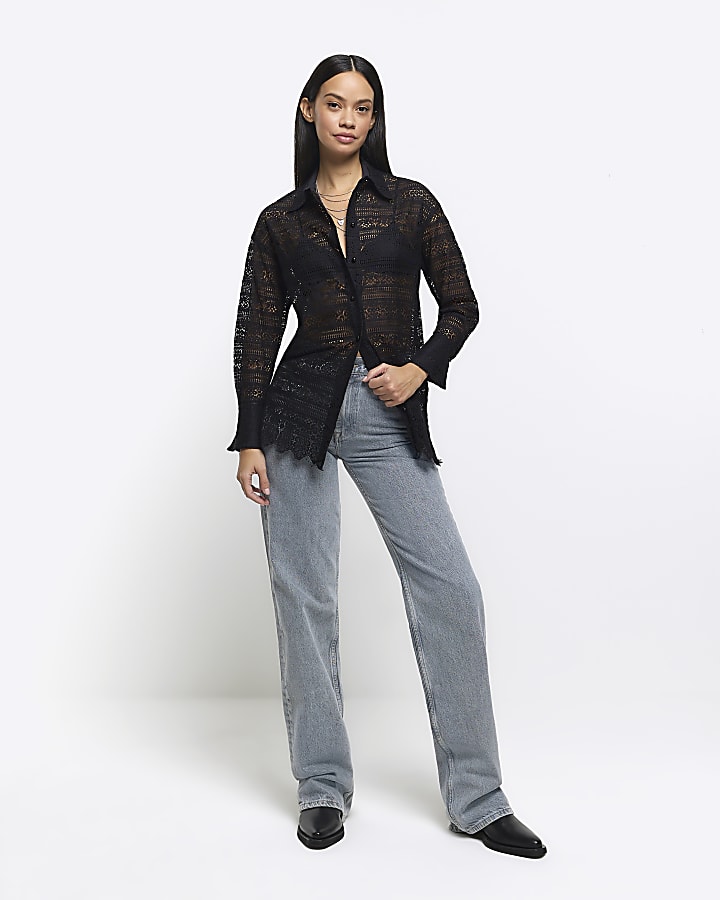 Black lace oversized long sleeve shirt