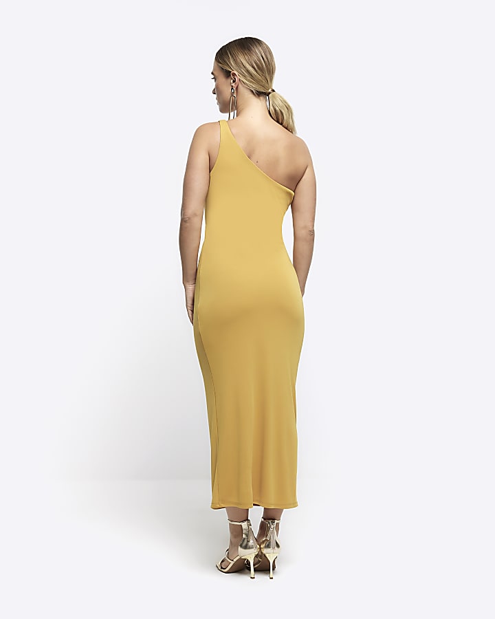 Yellow drape detail bodycon midi dress