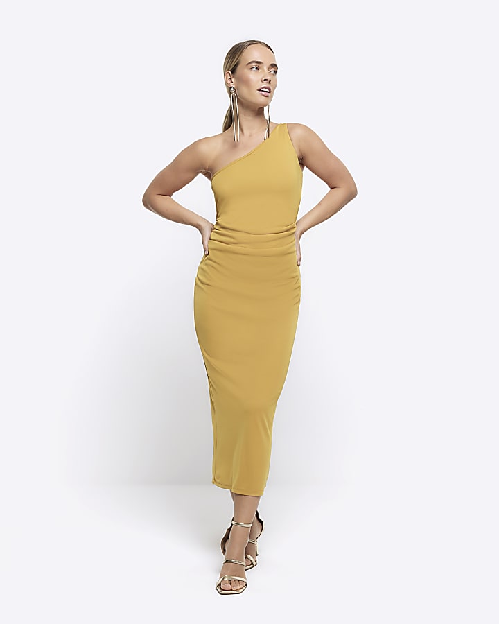 Yellow drape detail bodycon midi dress